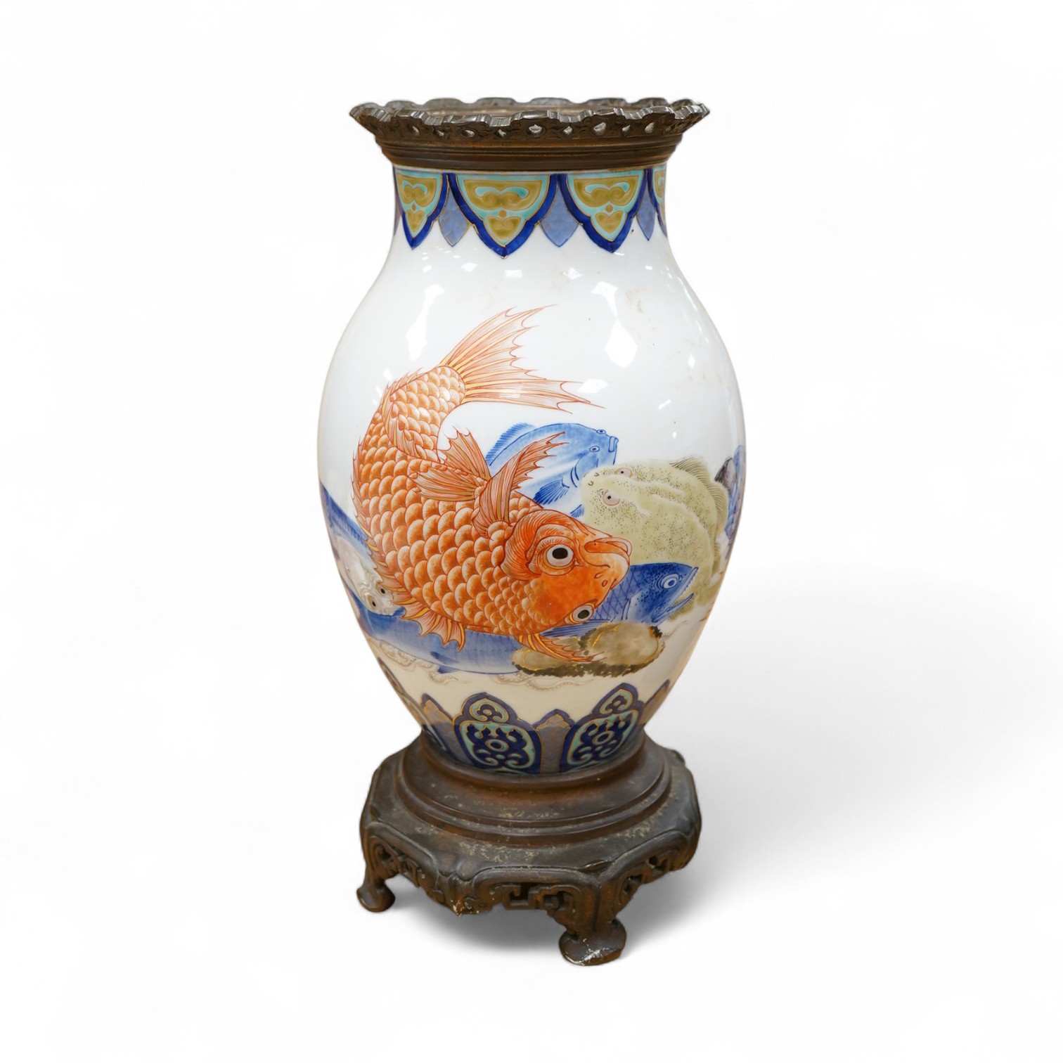 A Chinese bronze mounted vase decorated with koi carp, 33cm